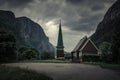 Church in Lysebotn surrounded by mountains in Norway