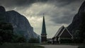 Church in Lysebotn surrounded by mountains in Norway