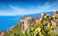 Church of Madonna della Rocca built on rock in Taormina and Mount Etna in Sicily, Italy Royalty Free Stock Photo