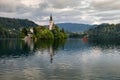 The Church of Mary the Queen, located on an island in Lake Bled at amazing sunset time Royalty Free Stock Photo