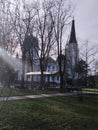 Church in the morning of winter. At the beginning in 2020. Europe.