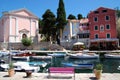 Church and motor boats in Veli Losinj island in Croatia Royalty Free Stock Photo