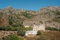 Church and mountains at Canavaggia in Corsica Royalty Free Stock Photo