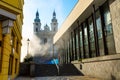 Church near fountain with thermal healing water in Karlovy Vary, Czech Republic