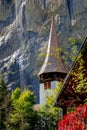 Lauterbrunnen church near Staubbach waterfall, Switzerland