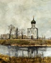 Church on the Nerl. Watercolor. Royalty Free Stock Photo