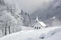 A church nestled in the heart of a snow-covered mountain, surrounded by towering peaks, A small country church tucked away in a Royalty Free Stock Photo