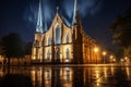 church night cathedra dark gloomy church, foggy lights, catholic, at evening during rainl