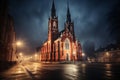 church night cathedra dark gloomy church, foggy lights, catholic, at evening during rainl