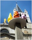 Church Notre Dame de Liesse and the modern art installation, above the ancient well. Annecy, France