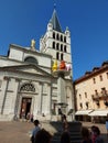 Church Notre Dame de Liesse and the modern art installation, above the ancient well. Annecy, France