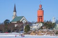 Church and old water tower, winter. Hanko, Finland