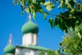 Church with onion domes behind the tree leaves