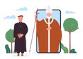 Church online, cartoon Christian priests in online news for mobile app of phone gadget smartphone