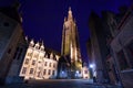 Church of Our Lady Bruges from cobblestone road Royalty Free Stock Photo