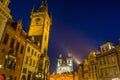 Church of Our Lady Before Tyn and Astronomical Clock at night Royalty Free Stock Photo