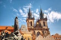 Church of Our Lady Tyn and Jan Hus statue from Old Town Square Staromestska Prague, Czech Republic during summer sunny day Royalty Free Stock Photo