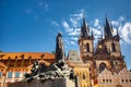 Church of Our Lady Tyn and Jan Hus statue from Old Town Square Staromestska Prague, Czech Republic during summer sunny day Royalty Free Stock Photo