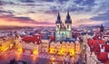 Church of our lady before tyn on Old Town Square Prague Czech republic with red roof sunset sky and top view. Royalty Free Stock Photo