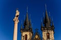 Church of Our Lady before Tyn, stone gothic towers with spires, Marian column, statute of Virgin Mary at Old Town Square, Royalty Free Stock Photo