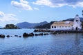 The church of Panagia Vlacherna and distant Mouse Island on the Greek Island of Corfu