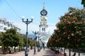 Church of Peter and Fevronia on a background of pink chestnuts