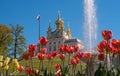 Church of Peter and Paul. The Palace Church. Flowers are in the foreground. In the back there is a church, a flagstaff