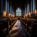 a church with pews and a stained glass window