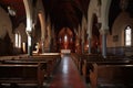 a church with pews and stained glass windows and a red carpeted floor with a red rug on the floor in front of the pews Royalty Free Stock Photo