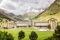 Church and public hiking base building in the catalan Pyrenees mountains. Famous recreation and Royalty Free Stock Photo