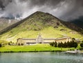 Church and public hiking base building in the catalan Pyrenees mountains. Famous recreation and Royalty Free Stock Photo