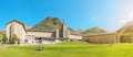 Church and public hiking base building in the catalan Pyrenees mountains. Famous recreation and Royalty Free Stock Photo