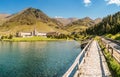 Church and public hiking base building in the catalan Pyrenees mountains. Famous recreation and Royalty Free Stock Photo