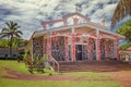 Church with red decorations in the beautiful village of Hanga Roa on Easter Island, Chile