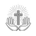 Church, religion logo. Bible, crucifixion, cross, prayer icon or symbol. Linear design, vector illustration