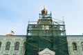 Church repair. The facade and domes of the Orthodox church in sc Royalty Free Stock Photo