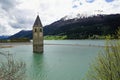 Church at Reschensee Lago di Resia in north italy Royalty Free Stock Photo