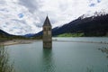 Church at Reschensee Lago di Resia in north italy Royalty Free Stock Photo