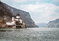 Church in the river danube in Romania. Monastery in the iron gates