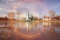 Church on river shor in autumn sunset