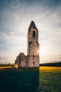 Church ruins in Hungary in the middle of a cornfield. She stands on Lake Balaton in Somogyvamos, photographed romantic sunset Royalty Free Stock Photo