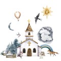 Church, rural landscape watercolor illustration. Nature, forest and wild animals. Sunny day changing night. Faith