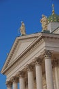 Close up architecture of Helsinki Cathedral top facade with green dome and statue, Finland Royalty Free Stock Photo