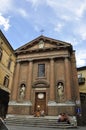 Church of Saint Christopher Building from Plazza Tolomei Square of Siena Medieval City. Tuscany. Italy