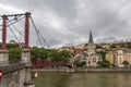 Church of Saint Georges and footbridge, Lyon, France. horizontal view of Lyon and Saone River in France Royalty Free Stock Photo