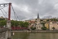 Church of Saint Georges and footbridge, Lyon, France. horizontal view of Lyon and Saone River in France Royalty Free Stock Photo