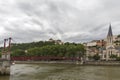 Church of Saint Georges and footbridge, Lyon, France. horizontal view of Lyon and Saone River in France Royalty Free Stock Photo