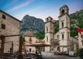 Church of Saint Tripuna in the old town of Kotor.Montenegro. Evening view of the Cathedral of Saint Tryphon with surrounding Royalty Free Stock Photo