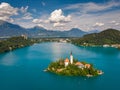 Slovenia - Aerial view resort Lake Bled. Aerial FPV drone photography Royalty Free Stock Photo