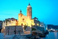 Church of Sant Bertomeu and Santa Tecla in Sitges by Night .Costa Brava, Spain.